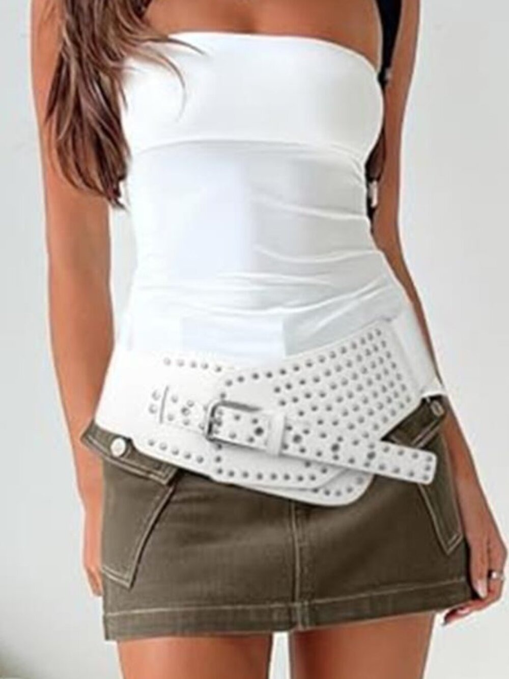 Womens Stretchy Waist Belt White Retro Studs Belts for Dress